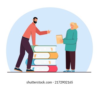 Teacher or salesperson and female student holding book. Man and girl next to pile of huge books flat vector illustration. Education, knowledge, literature concept for banner or landing web page