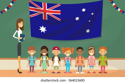 Teacher School Australia Flag Children Board Classroom Flat Vector Illustration