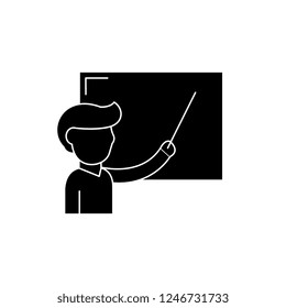 Teacher at the school board black icon, vector sign on isolated background. Teacher at the school board concept symbol, illustration 
