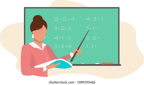Maestra en la junta escolar escribiendo ecuaciones matemáticas a partir del libro. Ilustración de color vectorial aislada en fondo blanco.