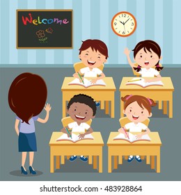 Teacher and school children in classroom at lesson. Vector illustration of primary School kids studying in the classroom.
