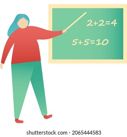 Lehrer in der Schulklasse, schwarze Tafel Vektorsymbol. Schülerinnen von Charakteren in der Klassenzimmer-Tafel an Unterrichtsstunde, die eine Präsentation geben, erklären Sie die mathematische Haltung