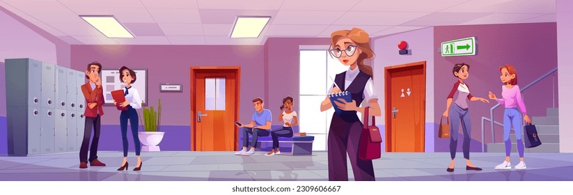 Teacher with in school corridor sunglasses vector background. Closed wc door in university hall illustration with people. College class cabinet entrance and man waiting on bench education game scene