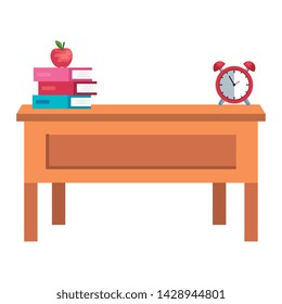 Teacher School Desk With Books And Alarm Clock