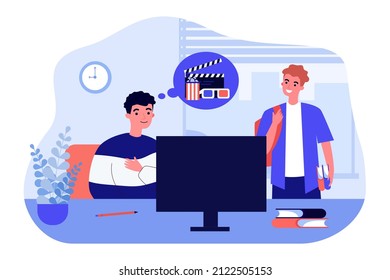 Teacher at school desk thinking of going to cinema. Student with backpack and books in classroom flat vector illustration. Entertainment, education concept for banner, website design or landing page