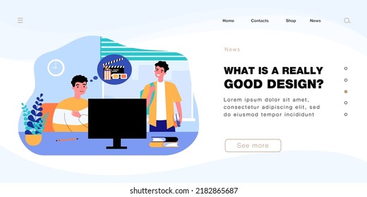 Teacher at school desk thinking of going to cinema. Student with backpack and books in classroom flat vector illustration. Entertainment, education concept for banner, website design or landing page
