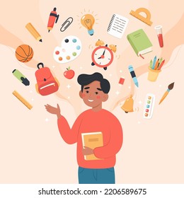 Teacher with school elements. School and learning concept, teacher s day. Cute vector illustration in flat cartoon style