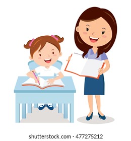 Teacher and school girl. Vector illustration of a cheerful teacher with student.