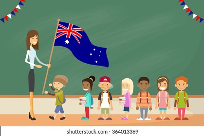 Teacher School Holding Australia Flag Children Board Classroom Flat Vector Illustration