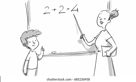 Teacher   school kid Vector sketch illustration  standing near blackboard and cute student  Back to school concepts