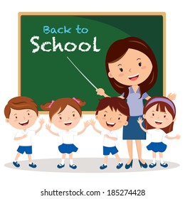 Teacher and school kids. Vector illustration of a cheerful teacher with school kids.