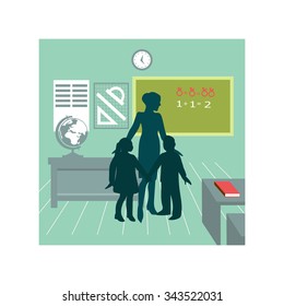 Teacher and school kids. Vector illustration. Grade school, preschool, Kids, Classroom, Learning, 