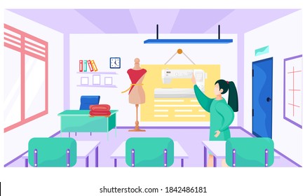 Teacher at school for seamstresses explains new topic. The lesson of the structure of the sewing machine and the principle of its operation. Class in creating clothes. Custom tailoring. Sewing school