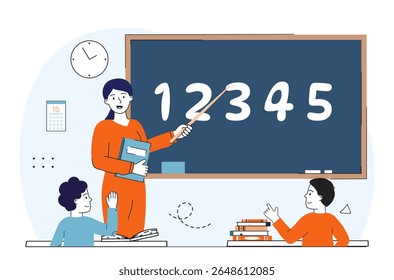 Professor na escola. Mulher com ponteiro perto do quadro. Alunos do ensino fundamental em aula. Professor ensinando lição. Educação, aprendizagem e formação. Ilustração de vetor linear