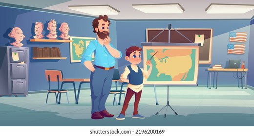 Lehrer und Schüler an Geografie Unterrichtsstunde Cartoon Illustration. Vektorbild eines Jungen, der auf die Karte zeigt, und bärtige männliche Professorin, die im Klassenzimmer lächeln. Büsten von Wissenschaftlern, Bücherregal, Tafel auf