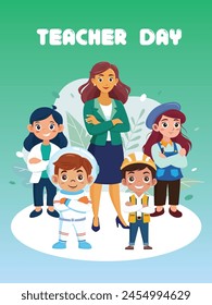 Teacher and schoolchildren character in dream career outfits poster for teacher day
