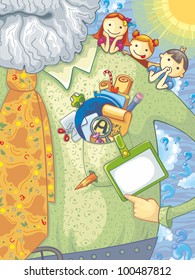 Teacher, schoolchildren and school elements. With space for your text