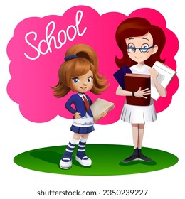 Teacher and schoolgirl in cartoon style. Cheerful studentgirl. Smart teacher. A beautiful picture of a studentgirl and a teacher for children. Back to school. Vector illustration.