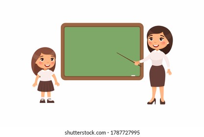 Teacher and schoolgirl at classroom flat vector illustration. Female tutor and pupil standing near empty chalkboard cartoon characters. Girl at school class isolated on white background