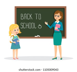 Teacher and schoolgirl on the background of the school board.Text back to school.Isolated on white background. Cartoon style. Vector illustration