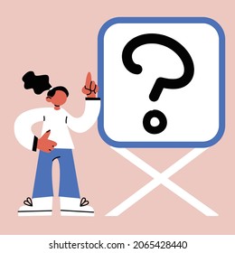 
Teacher, scientist, professor showing presentation, conference. Woman speaker, blackboard, screen. Question, communication, ask faq, training concept. Vector eps illustration isolated. Question sign
