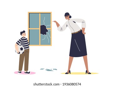 Teacher Scolding Kid For Broken Window. Angry Principal Or Headmaster Female Screaming At Naughty Pupil For Bad Behavior. Cartoon Flat Vector Illustration