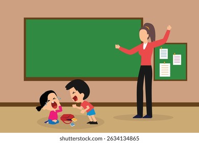 professor repreendendo dois alunos, um chorando e o outro parecendo chateado ilustração vetorial