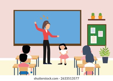 teacher scolding a young student in a classroom setting. The teacher is pointing with an angry expression, while the student is upset vector illustration