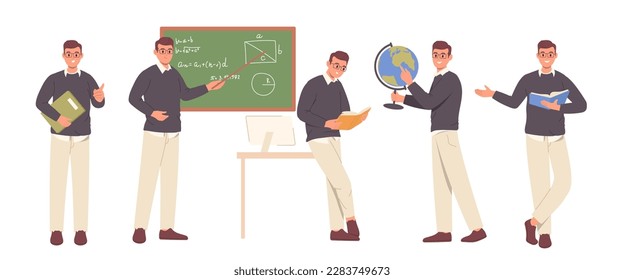 Teacher set, cartoon friendly smiling educator male character teaching vector illustration