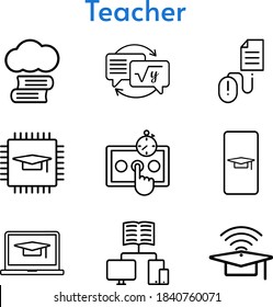teacher set. included cloud library, student-smartphone, chip, student-laptop, cap, test, homework, click icons. linear styles.