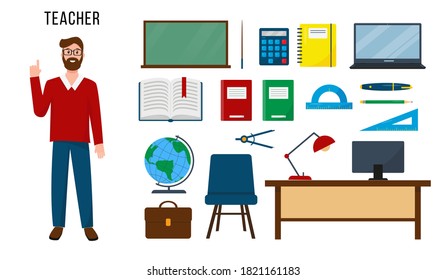 Teacher and set of supplies and equipment for his work. Profession people concept. Vector illustrations isolated on white background.