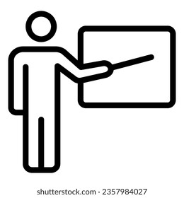 El profesor muestra material en el icono de la línea de tablero, concepto de educación, profesor con signo de vector puntero sobre fondo blanco, ícono de estilo de contorno para el concepto móvil y diseño web. Gráficos vectoriales