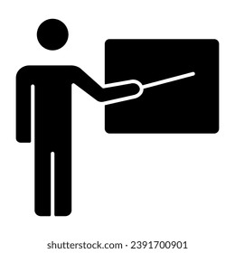 Teacher show material on board solid icon, education concept, professor with pointer vector sign on white background, glyph style icon for mobile concept and web design. Vector graphics
