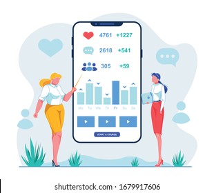 Teacher Show on Diagram Activity in Social Network. Student Online Course Listens how to Increase Number Likes, Subscribers and Comments. Teacher Tells this by Pointing to Screen Large Smartphone.