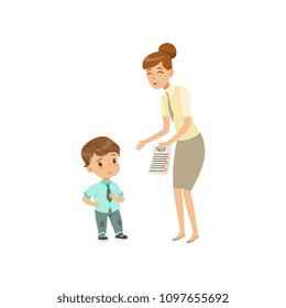 Teacher showing bad grades to sad little boy vector Illustration on a white background