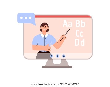 Teacher showing foreign language alphabet in computer screen, flat vector illustration isolated on white background. Concept of online education and language school.