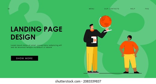 Teacher showing globe to male student. School tutor explaining material about Earth flat vector illustration. Geography, education, study concept for banner, website design or landing web page.