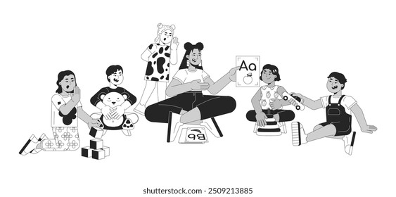 Teacher showing letter recognition cards to preschoolers black and white 2D line cartoon characters. Female teaching kids isolated vector outline people. Nursery monochromatic flat spot illustration