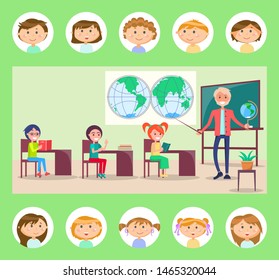 Teacher showing map, geography lessons, pupils sitting at table with books, green classroom decorated by desk and globe. Round icon of children vector. Back to school concept. Flat cartoon