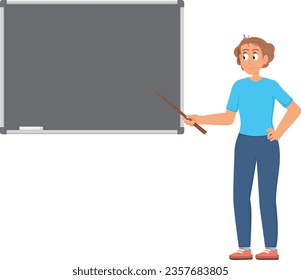 Teacher showing on chalkboard. School classroom with empty blackboard