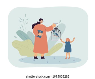 Teacher showing parrot in cage to pupil. Woman in glasses with caged exotic bird, happy girl flat vector illustration. Education, nature, wildlife concept for banner, website design or landing page