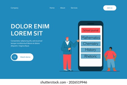 Teacher showing school journal to pupil. Teacher with pointer showing mobile app with school journal. Interested student looking at it. Educational concept for banner, website design or landing page