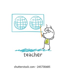 teacher showing a world map illustration