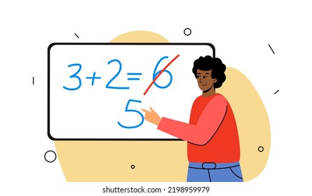 Der Lehrer zeigt ein mathematisches Beispiel an der Tafel. Schullehrer, Illustration für die Grundschule