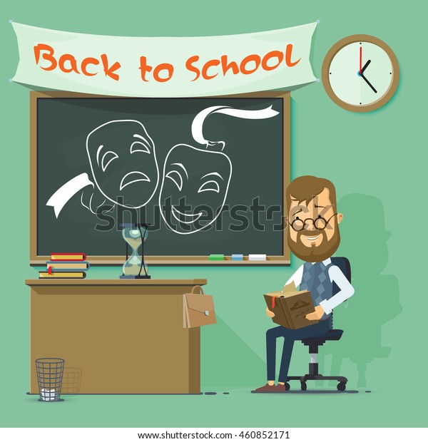 Teacher Sits Blackboard Books Desk Chair Stock Vector Royalty