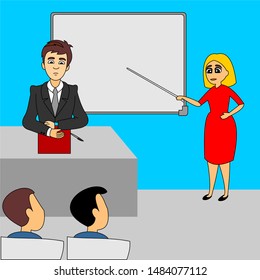 The teacher sits at his desk. Schoolgirl answers on the board. School lecture hall interior. Flat vector illustration of full colors.