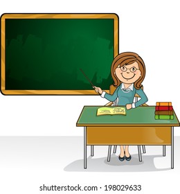 Teacher Sitting Classroom Desk Blackboard Where Stock Vector