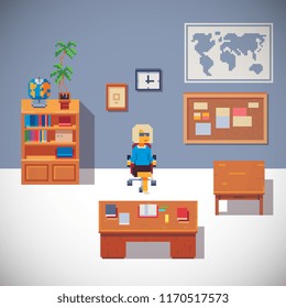 Teacher sitting on a chair in the classroom. Class room interior. Vector pixel art illustration. Writing table cabinet and school board on the wall.