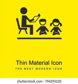 Teacher sitting on a chair reading for students children sitting on the floor in front of him bright yellow material minimal icon or logo design