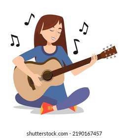 Teacher sitting on grass and playing musical guitar instrument. Kids enjoying outdoor music class. Daycare activities